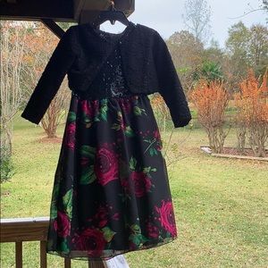 Black flower printed dress with jacket.